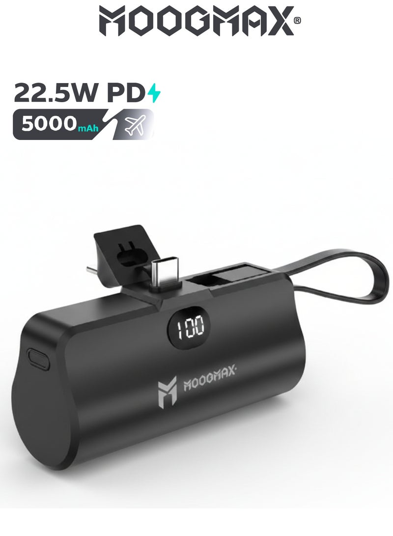 شاحن متنقل صغير بسعة  5000 مللي امبير. باور بانك بقوة 22.5 واط. باور بنك بشاحن تايب سي وكيبل شاحن ايفون (لايتنينق). بطارية شحن بستاند خلفي لتثبيت اثناء الشحن. شاحن سفري بشاشة رقمية تبين نسبة الشحن. باور بانك قوي باعلا أنظمة الحماية ضد الجهد الزائد.